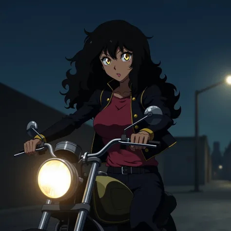 screenshot from boku no hero academia, girl with brown skin, feline shining golden eyes, long black curly hair, large breasts, delicate arms, thin waist, wide hips, delicate shapely legs. She is wearing a cool outfit, a red shirt, black jacket, black pants...