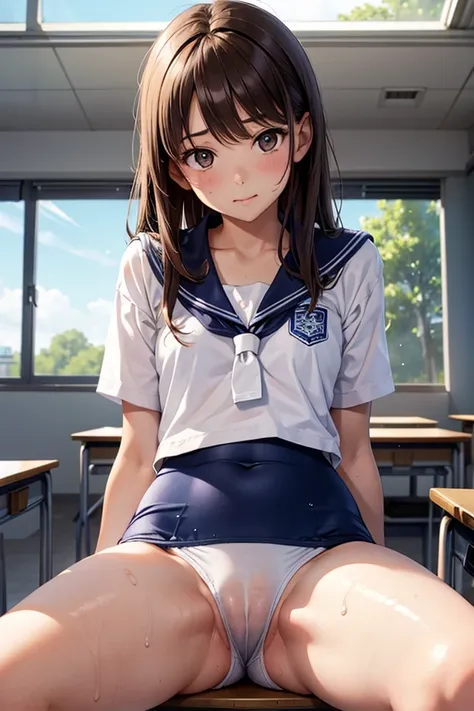 1 girl, sitting on desk, spread legs, cameltoe, shiny skin , white school swim wear, brown hair, classroom, sweat,