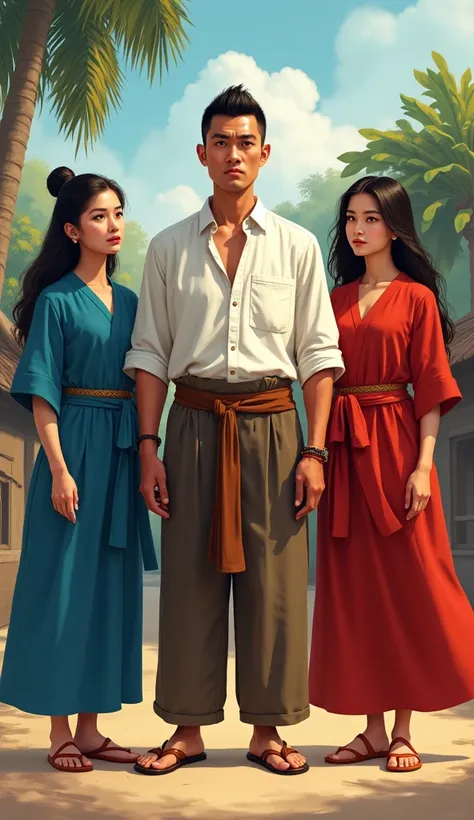 A portrait-style scene of Kong, an average-looking Cambodian man dressed in modest traditional clothing. He stands between his two wives, Nang Am (a confident, strong woman in blue attire) and Nang Kom (a calm, supportive woman in red attire). Kong’s postu...