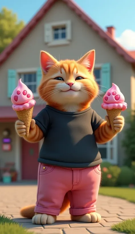 realistic cat wearing a black t-shirt, cute pink pants, standing with 2 paw-shaped ice cream cones in his hands while smiling, in the background in front of the house