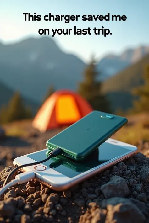 Create an image showing a portable kinetic energy charger in use, with a short text overlay reading: This charger saved me on my last trip! Place it in a travel setting, like a campsite with a tent and mountains in the background, highlighting the chargers...