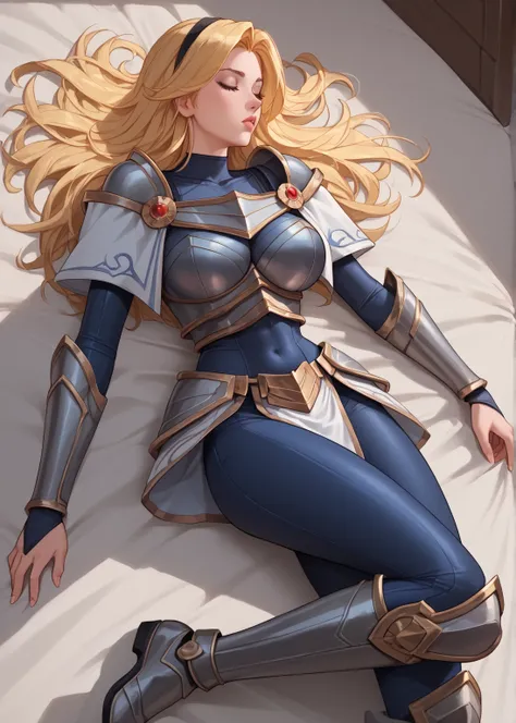 score_9, score_8_up, score_7_up, score_6_up, score_5_up, score_4_up, LuxLoLXL, blue eyes, blonde hair, long hair, black hairband, big breasts, collarbone, shoulder armor, armor, blue bodysuit, breastplate, long sleeves, faulds, skirt, blue pants, armored b...