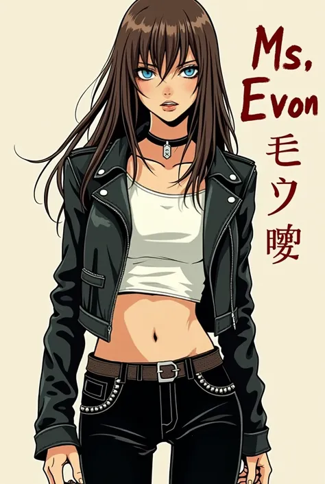 In the style of Junji Ito, Junji ito Manga type image, girl, tight white crop top, black leggings, wearing a tattered leather jacket, black leather jacket, afraid, medium length hair, long brown hair, long bangs, blue eyes, text in the corner says "Ms. Eva...