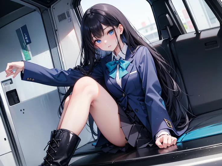 high school student ， Has long, dark hair ， with warm blue eyes ， Wore a fresh blue suit and black boots ， pure white collar and bright green bow 。 has long dark hair and warm blue eyes ， sitting in a car seat ， spread legs