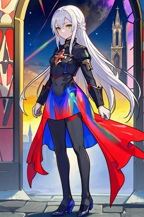 The background is a sunset sunset 、 medieval cityscape with basket、Inside the kaleidoscope、 stained glass background 、Legendary Scenery 、 mythical scenery unfolds、The cathedral shines brightly、red and green contrast 、Path of Light、 Edelgard in black armor,...