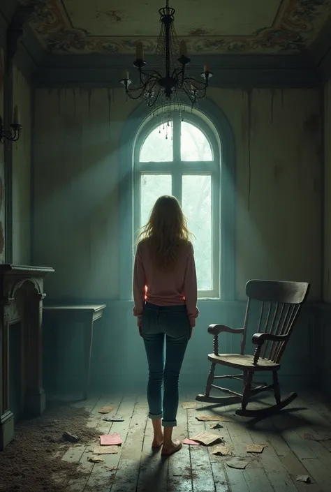 An old and eerie mansions drawing room: a beautiful young woman with blonde hair stands in the room, observing her surroundings. She is dressed in a pink sweater and blue jeans. The room is dimly lit, with old, damp wooden walls stained with streaks of wat...