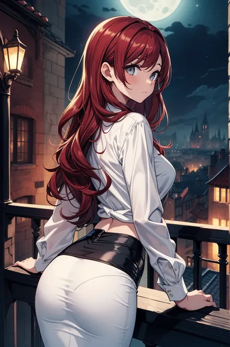 ((masterpiece, best quality:1.3, high detail)), beautiful woman, view from behind, looking to the side, bright eyes, (sleepy), tired, long wavy hair, (dark red hair), ((white blouse long sleeves)), (long black pencil ((skirt))), slim body, gothic, castle, ...