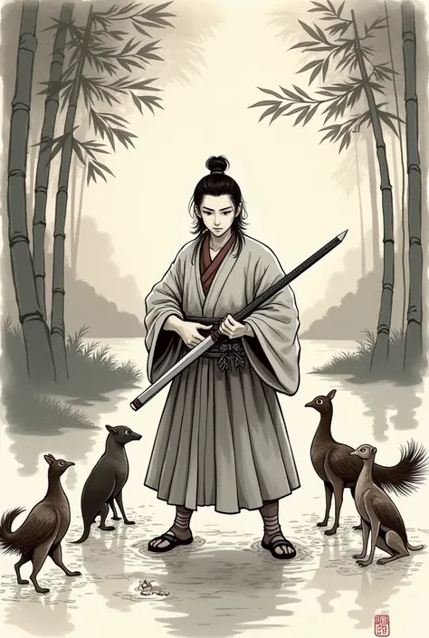  Momotaro drawn in the style of traditional Japanese ink painting 。 Momotaro wearing a kimono is depicted in the center 、Holding a sword in his hand、 with a brave expression 。 There is a river and bamboo grove that flows quietly in the background 、 depth i...