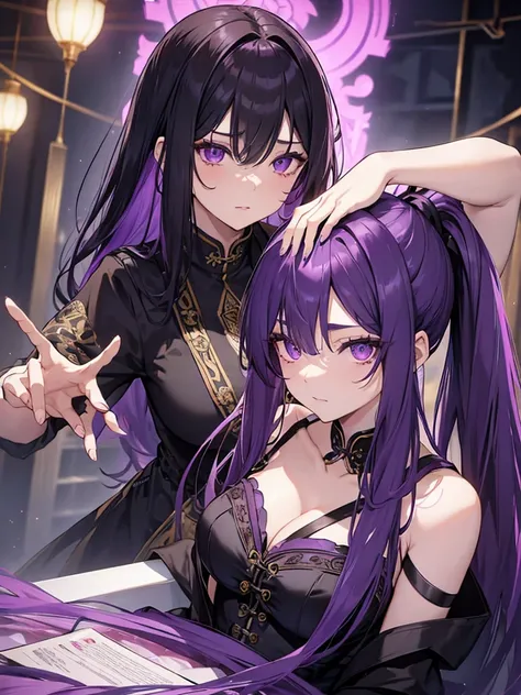 Purple Hair、Super beautiful、Tied up long hair、 black hair、Super beautiful、Age 30、Female Male 、 ponytail 、 Black China Dress with Gold Embroidery、conspiracy、intellectual、 purple eyes、Thin eyebrows、 sexy、Erotic、R-18、 dark atmosphere