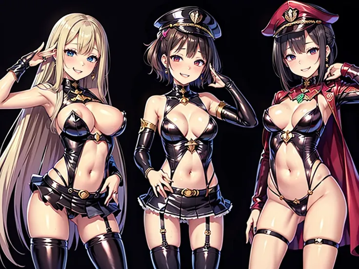 Multiple girls, group picture, Four Girls, Standing side by side, (salute),  gold earrings,  Big Breasts , gem,  military cap , (uniform), (epaulet),  jacket, Harness,  thigh strap to hide one ear,  black thigh high boots , (Layered Skirt),   Mini Skirt, c...