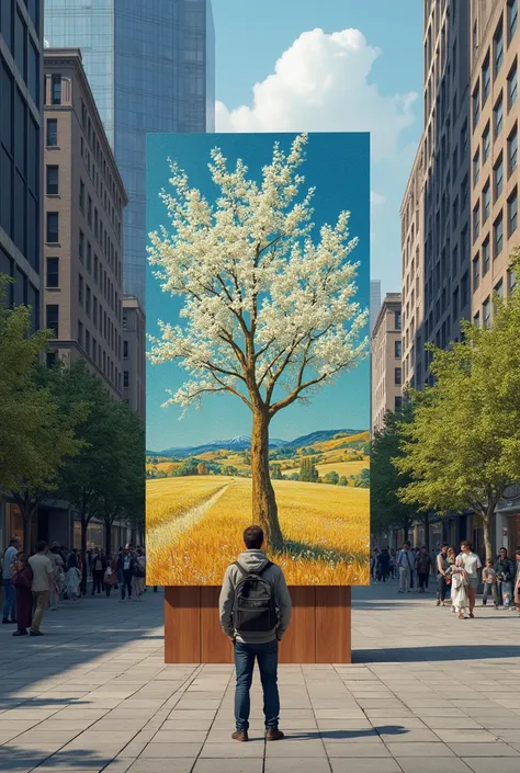 Create an image of the Van Gogh almond blossom painting in normal size displayed in the middle of a square in a city and being observed by the person