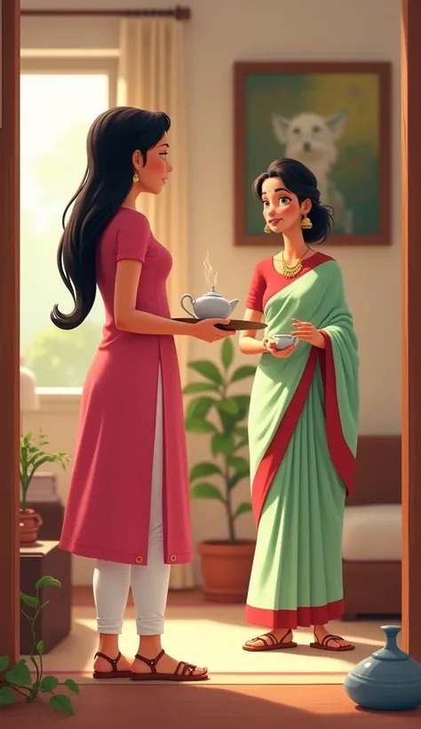 Character Name: Sumitra and Gayatri

Character Age and Gender: 30-35 years old women

Hair Style: Sumitra has loose hair; Gayatri has tied a bun.

Face Description or Character Origin: Sumitra is smiling, Gayatri is surprised.

Top Attire: Sumitra is weari...