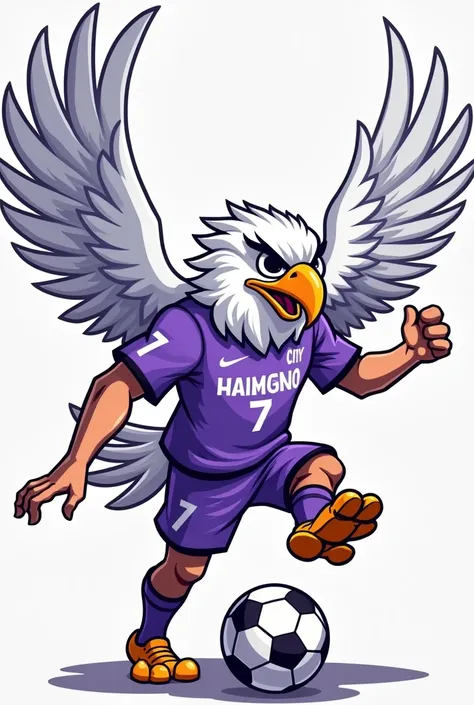 You can create the mascot of a soccer team that is an animated male eagle with white wings that wears a light violet and white t-shirt that says Harlington City and that controls a ball with his foot and that has the Number 7 in the uniform. 