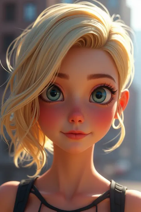 Generate the imagen of a teenage girl that has the hair style of gwen stacy from spiderman into the spiderverse with one side cut and the other normal Just like the movie blonde, with bright icy blue eyes, and a perfect face 