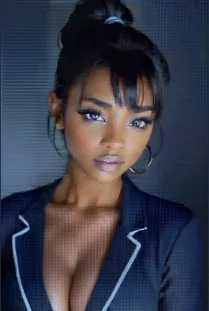 make reality style picture for me. it is teennager.tie up ponytail. have bangs. face front. eastern. little dark skin dark skin exotic face shadow dark blue black makeup, sexy outfit, dread big hair, Brown eyes deep cleavage, bra push, uplow-cut jacket, br...