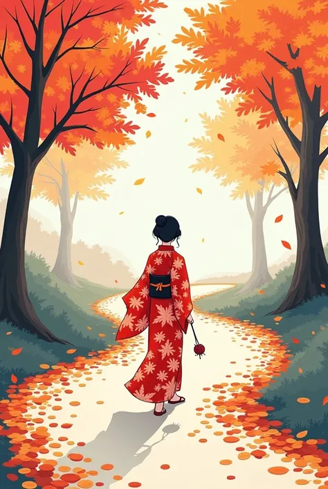  walking quietly on a path colored with autumn leaves 、[A cute woman wearing a kimono with a red leaf pattern ] indulges in thought while 、静かに歩きながら思索にふける。As a coloring book、Simple Line、 no grayscale 、 without shading、 cute、Simple lines, standing in the sha...