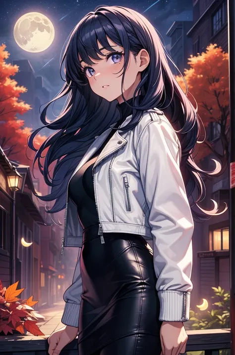 ((masterpiece, best quality:1.3, high detail)), beautiful woman, view from side, looking up, bright eyes, long wavy hair, (dark blue hair), ((white leather jacket)), (long black pencil ((skirt))), slim body, city alley, night sky, purple sky, moon, (lower ...