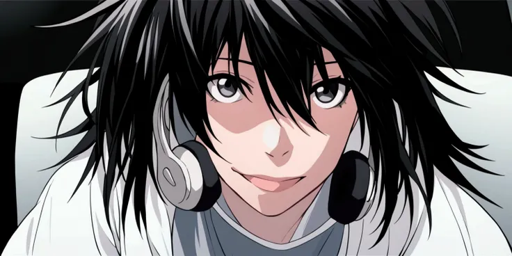 L Lawliet wearing headphones while sitting down in a dark room from death note 