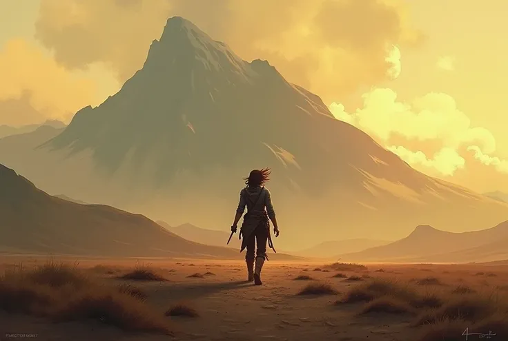 a lone traveler in a desolate wilderness, dramatic sunset light, long shadows, sense of isolation, wind-swept hair, expansive terrain, warm-toned sky, towering mountain range