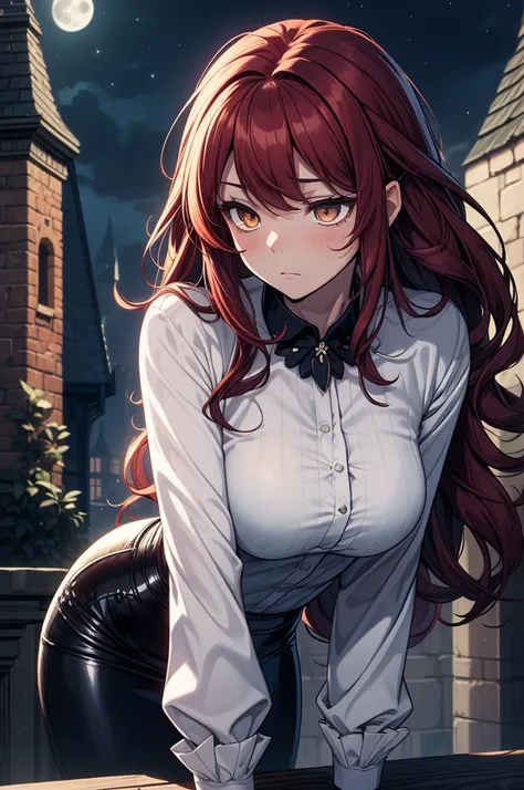 ((masterpiece, best quality:1.3, high detail)), beautiful woman, leaning forward, bright eyes, (sleepy), tired, long wavy hair, (dark red hair), (white blouse long sleeves), (long black pencil skirt), slim body, gothic, castle, night sky, moon, (lower body...