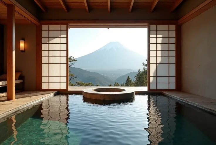 high quality, 8K Ultra HD, ultra realistic, A traditional Japanese onsen with floor-to-ceiling windows facing Mount Fuji. Natural stone baths, cedar wood accents, and shoji screens create a tranquil environment. The golden-ratio layout ensures balance, wit...