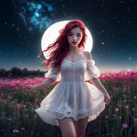 high definition, highly detailed, cute girl, baby faced English girl, extremely long and wavy hair that is dyed an unnatural and vibrant shade of cherry red, long wavy cherry red hair, realistic teal eyes, posing reaching up toward a galaxy, posing in a fi...