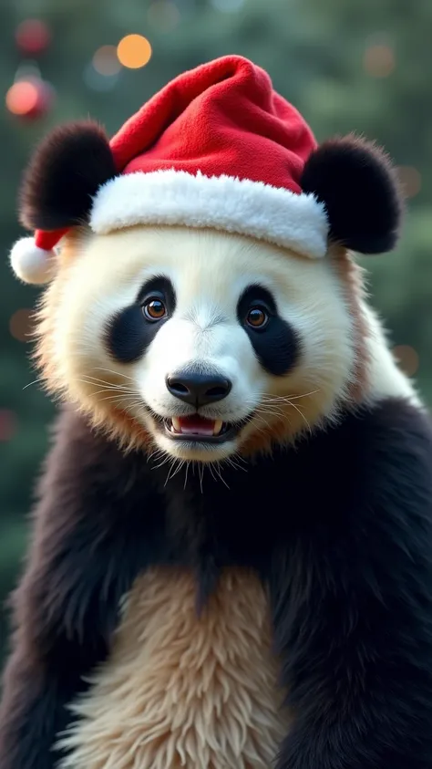 Merry Christmas，A giant panda wearing a Christmas hat