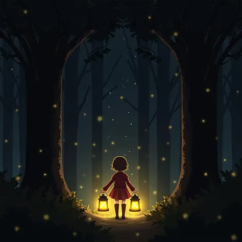 there is a girl that is standing in the woods with lanterns, concept art by Yang J, pixiv contest winner, fantasy art, among wonderful golden fireflies, girl under lantern, magical forest with fireflies, cozy night fireflies, a beautiful artwork illustrati...