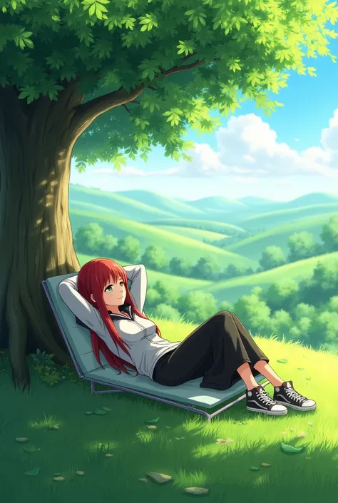 Kirito with black hair, with his hands folded behind his head, lies and rests under a tree with red-haired Asuna in beautiful weather against the background of the landscape and greenery all around