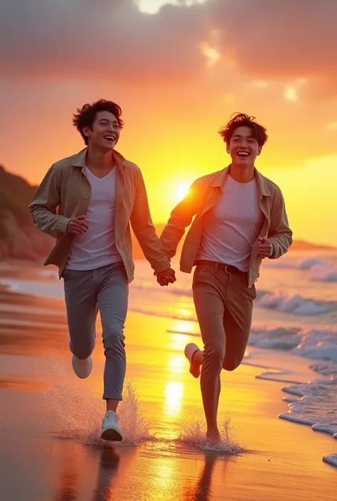 Jimin and Jungkook two Korean men running on the beach holding hands smiling at each other and the sunset behind
