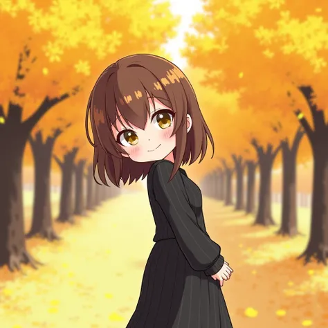 Anime-style images of Chibi character styles
A girl is turning back and smiling while blushing her cheeks
Her hair is brown with a length below the center of the shoulder
Her outfit is a black knit dress
The background is a row of ginkgo trees with ginkgo ...