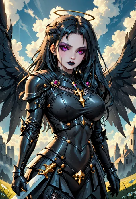 a woman in armor holding a sword and a sword, angel knight gothic girl, villainess has black angel wings, detailed fantasy art, angel knight girl, epic fantasy art style hd, 4k fantasy art, dark armor, stunning armor, hd fantasy art, deathknight, 8k fantas...