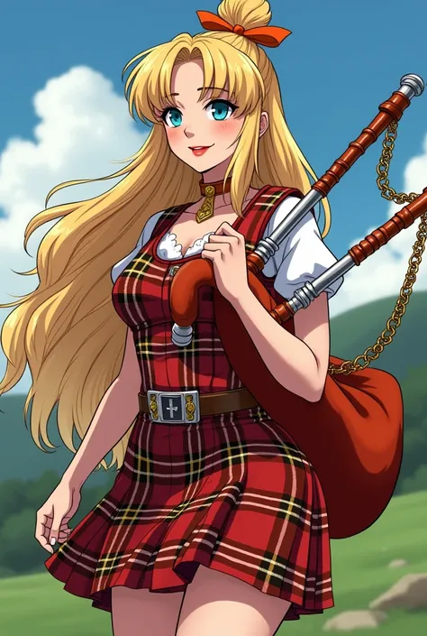  Serena, a beautiful woman with very very long blonde hair ,  tied in a half tail with an orange ribbon ,  her fringe split in half falling on her forehead ,  blue eyes , red and sensual lips,sexy smile,  beautiful curvaceous body , medium height,  dressed...