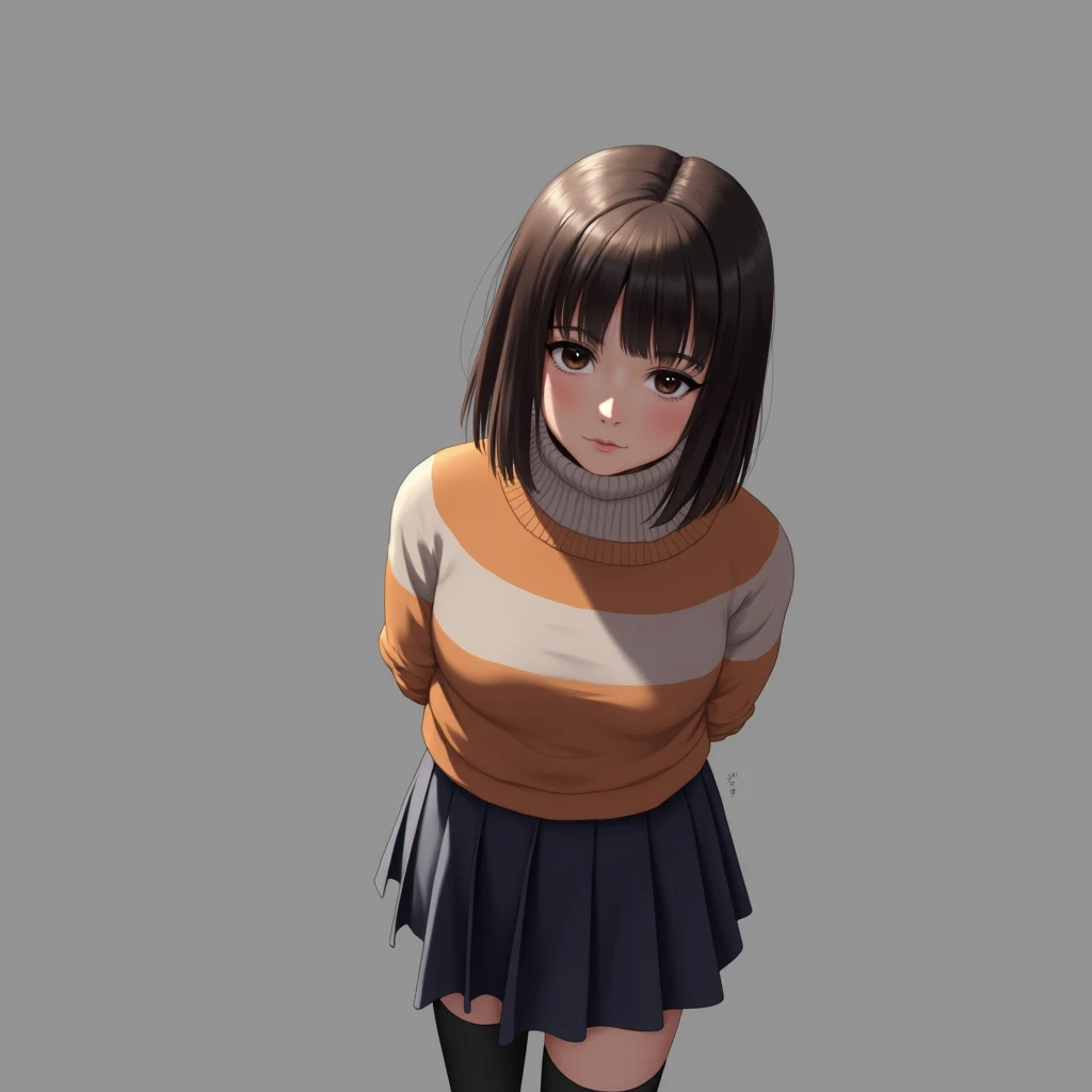 1 girl, looking at viewer, bob, brown hair, brown eyes, orange ang beige sweater, gray skirt
