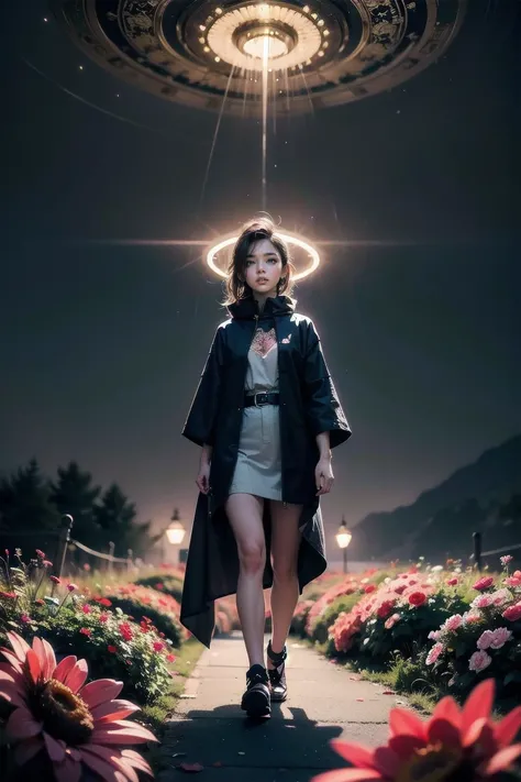 Detailed full body portrait of a lonely time traveler wearing a travel poncho, surrounded by a halo of lights and flowers, highly detailed, 8K, surreal, cinematic lighting, dramatic, moody, atmospheric, beautiful, fantasy Targeted, peaceful, pensive look, ...