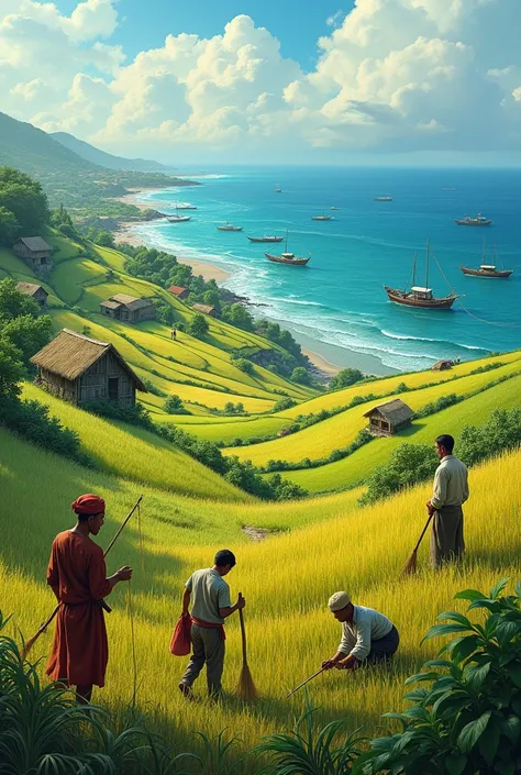 For generations, the people cultivated rice and vegetables while fishing the abundant seas. Make it realistic 