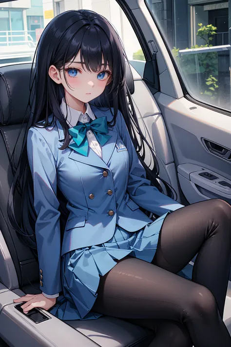 high school student ， Has long, dark hair ， with warm blue eyes ， Wore a fresh blue suit and black boots ， pure white collar and bright green bow 。 has long dark hair and warm blue eyes ， sitting in a car seat ， spread legs