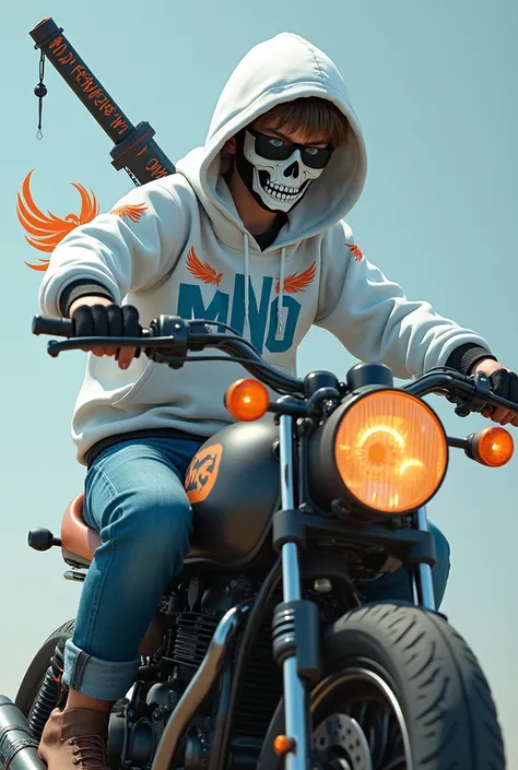  A boy wears a white hooded sweatshirt has the letters MNO printed in light blue he is riding a high-cylinder motorcycle he wears a skull mask only his eyes show,  has bright blue eyes he has a bright orange white phoenix of estimation  , He carries two ka...