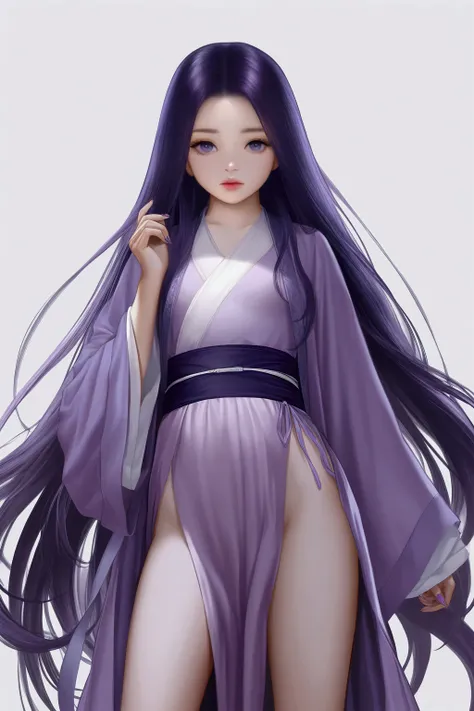 purple hair ,purple hanfu, small breasts, very long hair, loli, masterpiece, best quality, realistic, 8k, official art, cinematic light, ultra high res, perfect female body, sharp focus, guofeng, 1girl, solo, chinese clothes, realistic, nail polish, simple...