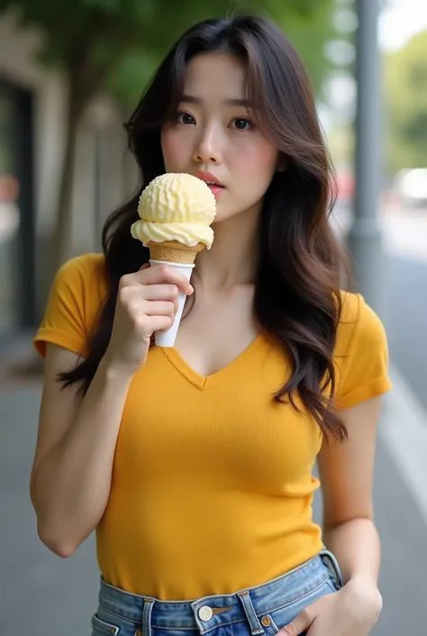 beautiful Japanese woman 40 year old,long and wavy hair,plump and sexy body,very white and smooth skin,wearing a dark yellow t shirt fitting, jeans and brown belt,is holding ice cream in the shape of an adult Asian mans head