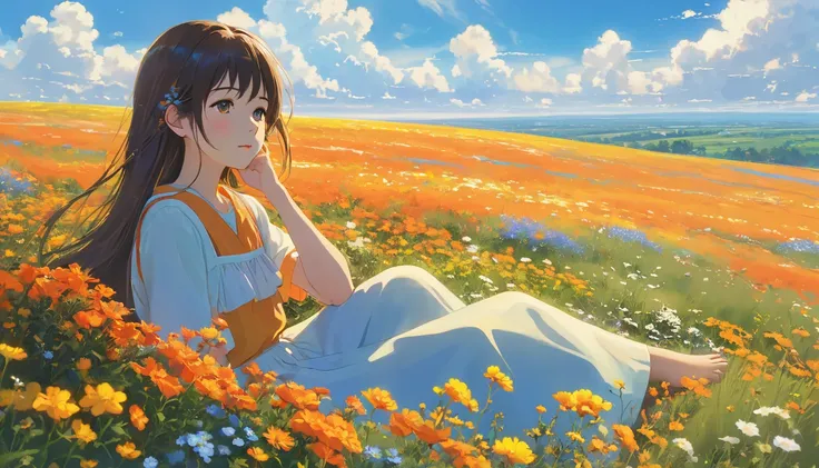   The girl with long hair is leaning. Incarnate in a field of bright orange and yellow flowers. . She is leaning on a hill  ,   her head rests on her hands as she looks into the distance.  . . The sky above is bright blue ,  adorned with fluffy white cloud...