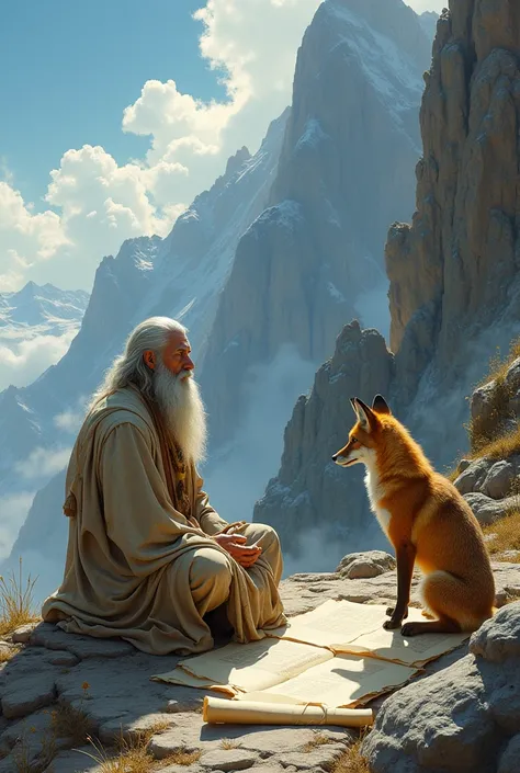 A bearded hermit on a mountain with scrolls around him wearing old clothes watching a male herald god with a fox at his side 