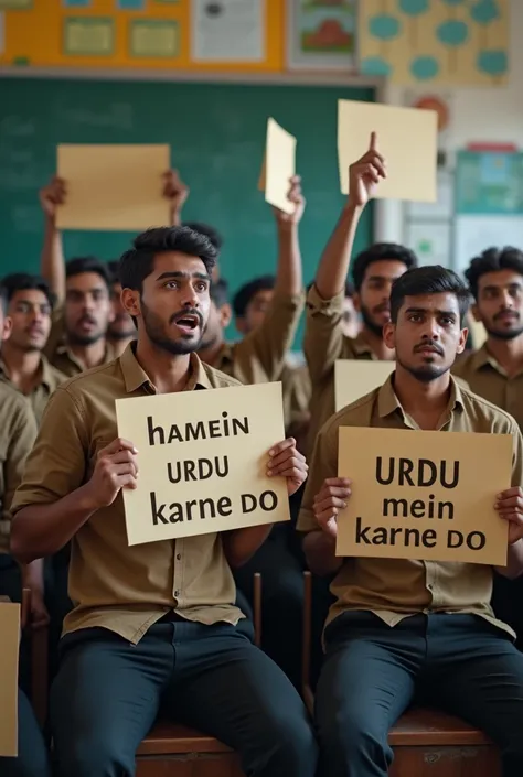 "Create a photo of male students wear lite brown shirt and black pant with panic face expression sitting in a classroom, actively protesting. They are holding  signs that read Hamein Urdu Mein Karne Do  in bold letters. The classroom is filled with educati...