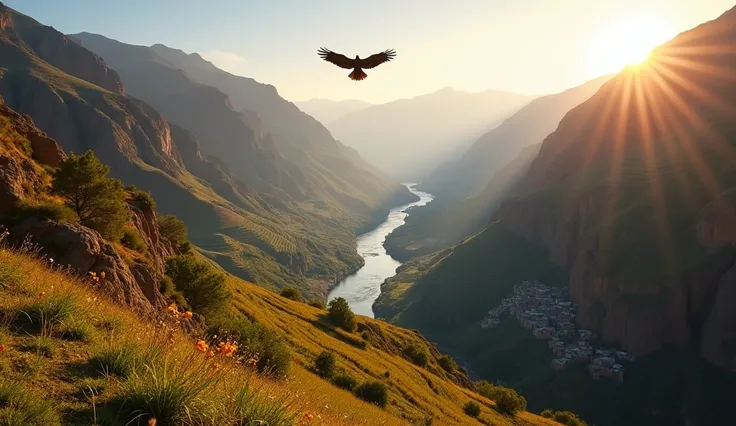  An imposing landscape of the Colca Canyon at dawn ,  where the mountains and agricultural terraces stretch out in perfect harmony ,  illuminated by the first rays of sun that bathe the the canyon with warm tones of gold and orange. in the distance,  the C...