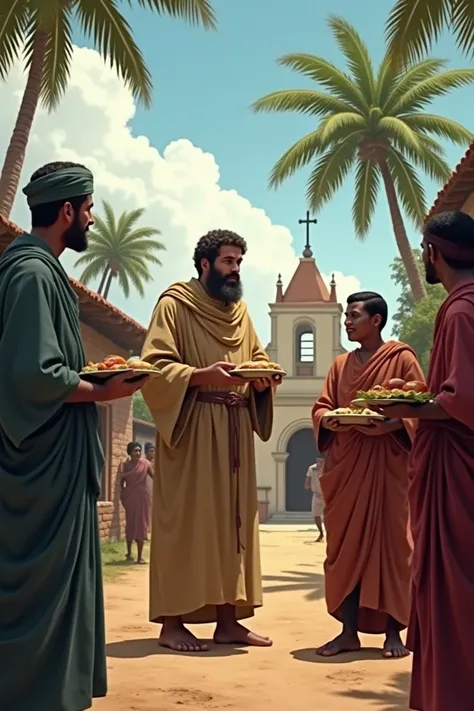 "Francis Xavier, dressed in simple missionary robes, serving the poor and sick in a small village in Goa, India. He is surrounded by locals, offering them food and comfort. His face radiates kindness and compassion. In the background, a modest church and c...