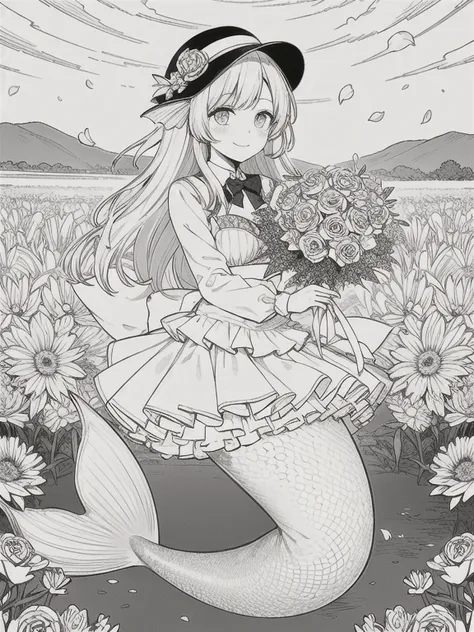 Mermaid, scales mermaid tail below waistline,  masterpiece, best quality, 1girl, solo, long_hair, looking_at_viewer, smile, bangs, skirt, shirt, long_sleeves, hat, bra dress, bow, holding, closed_mouth, flower, frills, hair_flower, petals, bouquet, holding...