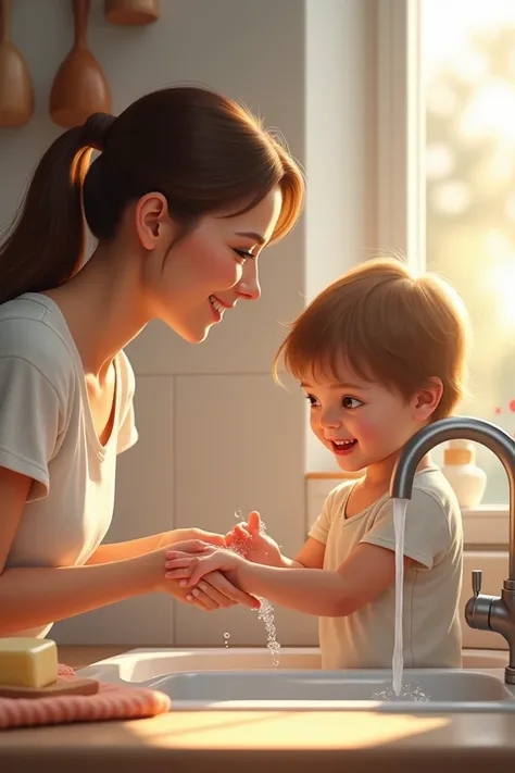 "A mother teaching her  how to properly wash hands with soap under running water. The kitchen sink is clean, with soap and a towel nearby. The mother is gently guiding the , who is happily learning the importance of hygiene."