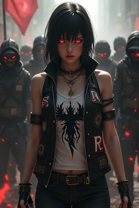 Girl with a mob who wears vests with S . D.  R and with a black dragon and with red eyes on her vest