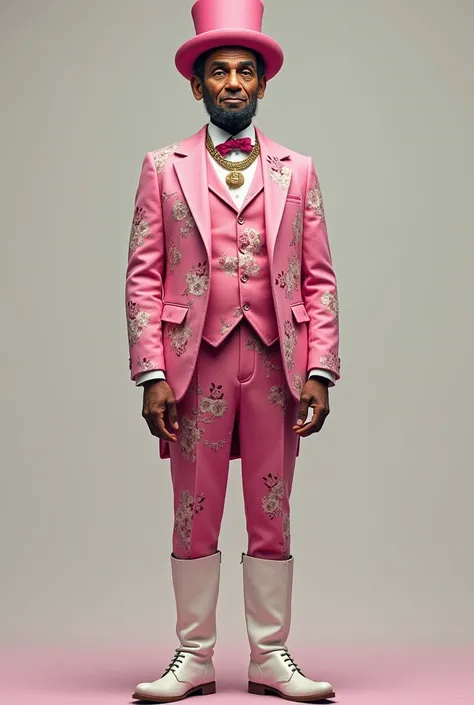 Abraham Lincoln In a pink flower patterned suit and a pink hat with a gold necklace and white boots