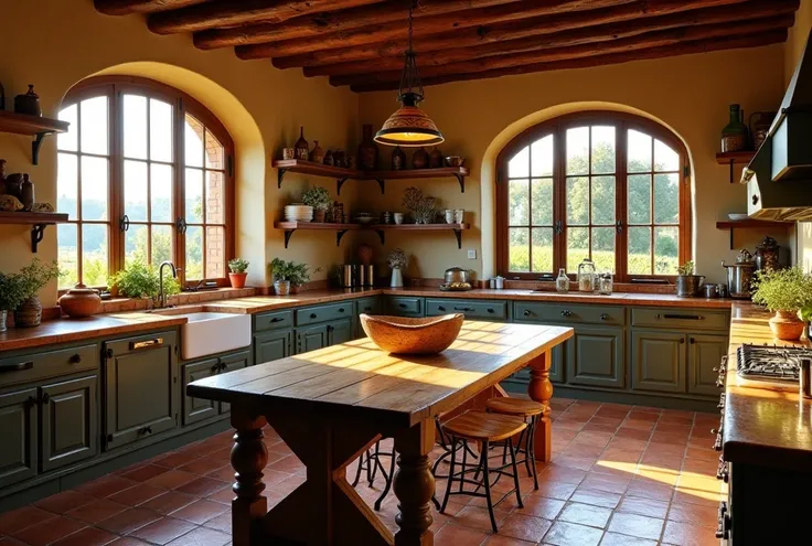 high quality, 8K Ultra HD, ultra realistic, A rustic kitchen in a Tuscan cottage featuring large windows with vineyard views. Terra-cotta tiles, wooden cabinetry, and wrought iron details create an authentic, cozy atmosphere. The golden-ratio layout center...